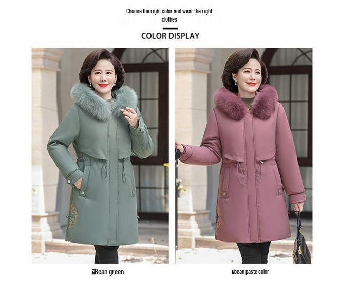 Mom's Mid-Length Autumn Winter Down Cotton Coat - New Style Plus Velvet for Middle-Aged & Elderly Women