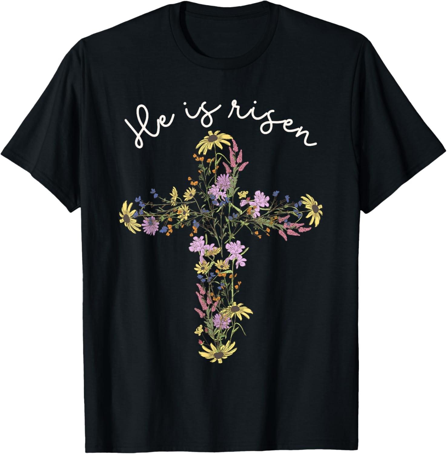 He Is Risen Wildflower Cross Easter Day Christian Girl Women T-Shirt S разноцветный