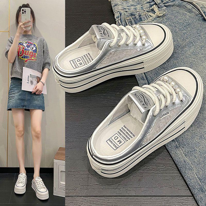 

Fashion Summer Women Platform Slippers Mesh Breathable Canvas Slipper Fashion BaoTou Half Slippers for Women Heightening Casual Slippers 40