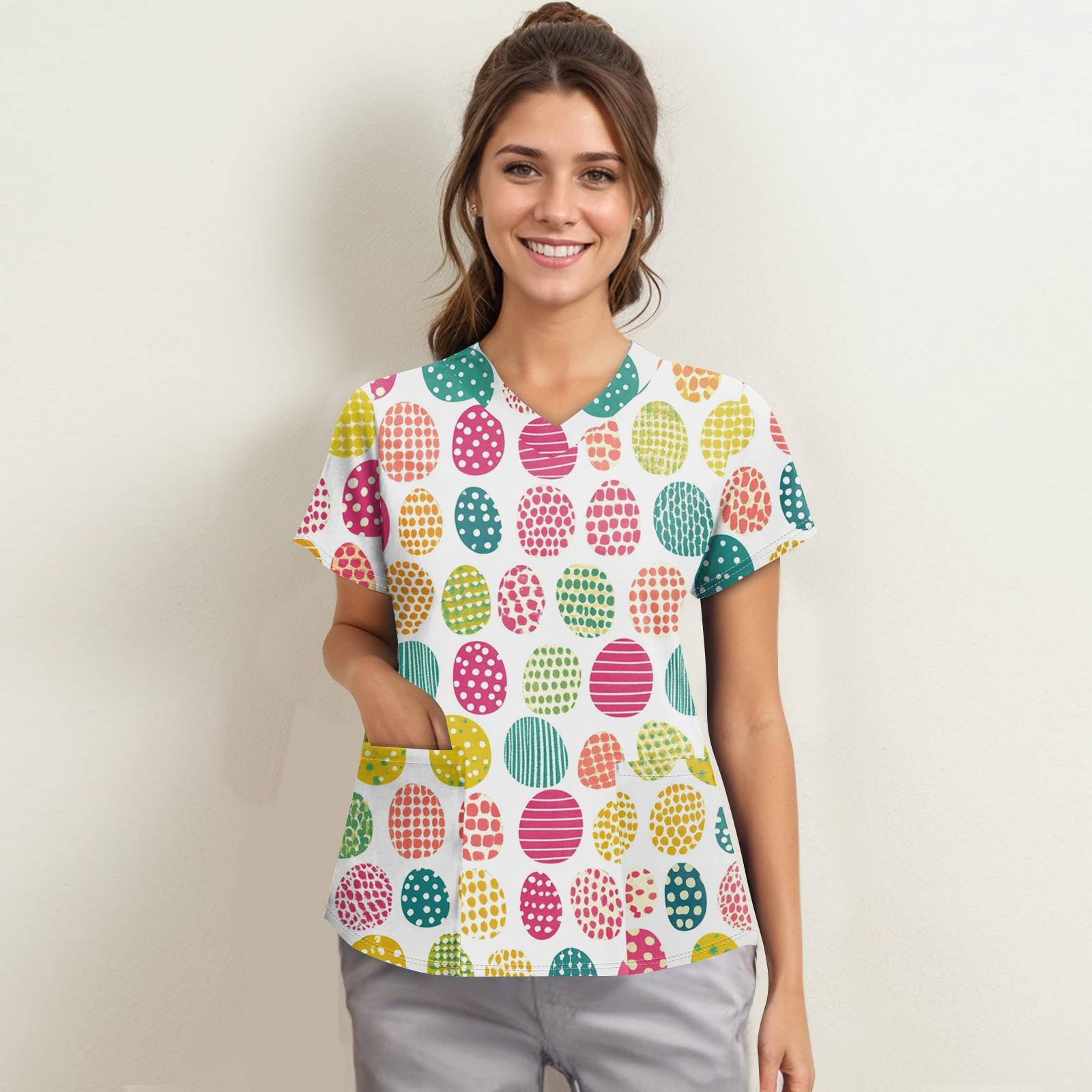 

Жіночий модний робочий одяг з V-подібним вирізом і короткими рукавами з принтованими кишенями M білий