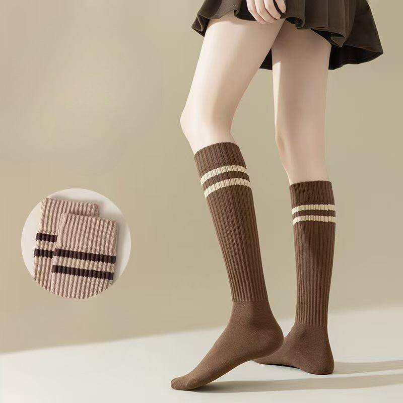 Calf Socks Women's Half-leg Long Socks Trendy School Style Solid Color Two-bar Simple and Versatile High Socks Cotton Pile Socks