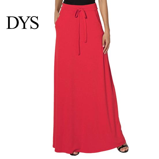 Long Skirt Women Maxi Adjustable Drawstring High-Waisted Solid Color Casual with Pockets Work