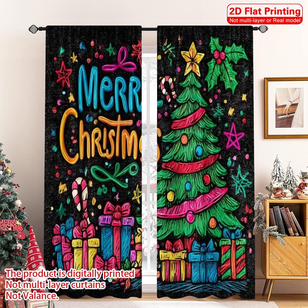 

Flat Printing Christmas Window Drapes Versatile Durable Polyester Without Electricity Festive Holiday Use Curtains Set Of 2 Made W100*H70(CM)-Grommet top&2PCS