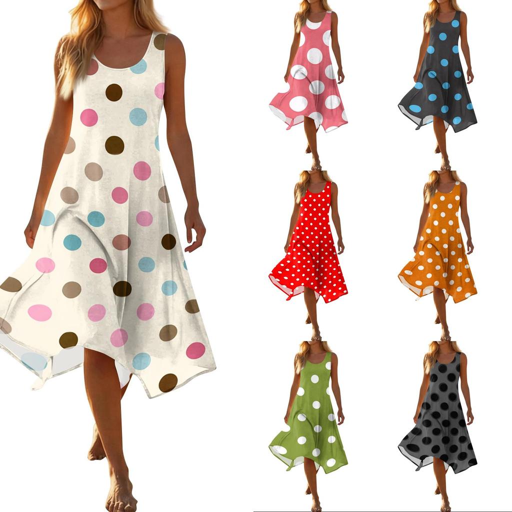 Women Sleeveless Casual Dress Round Neck Polka Dot Print Asymmetric Hem Mid-Length Summer Dress Lightweight Comfortable Fabric