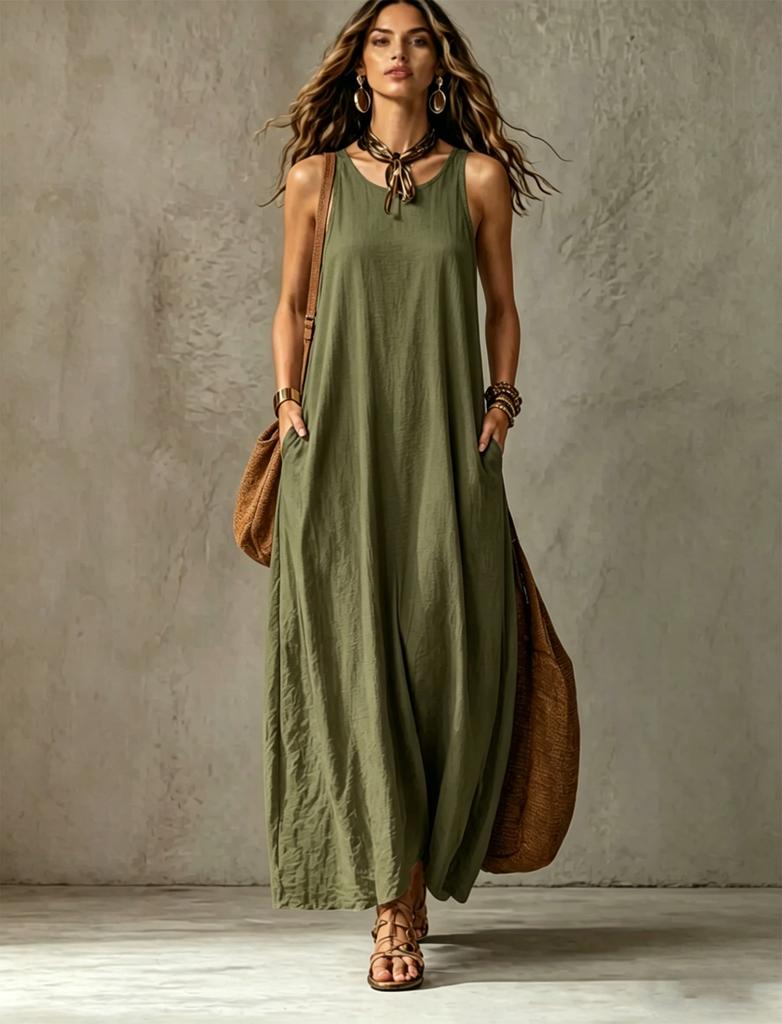 Women's Solid Scoop Neck Spaghetti Strap Loose Fit Maxi Dress Casual Vacation Sleeveless Long Dress