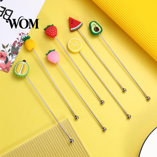 Cartoon Fruit Stirrer Cocktail Stir Stick, Stainless Steel Mixing with Durian Pineapple Strawberry Smooth Stick Watermelon Rubber Top Decor, Drink for