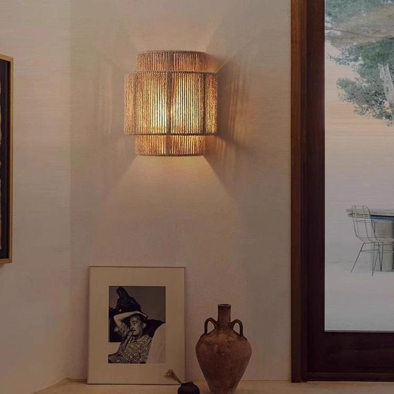 Hemp Rope Rattan Wall Lamp Antique Asia Hotel Indoor Living Room Bedroom and Office Vanity Modern E27 Woven Bedside Wall Light