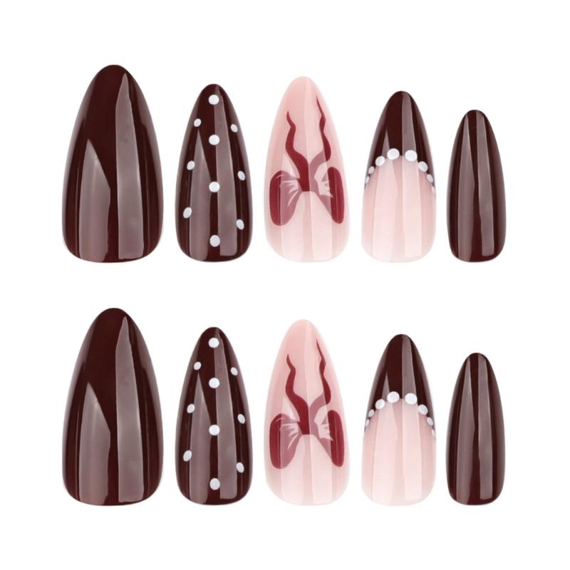 Almond Press On Nail Fake Nail Glossy Acrylic Artificial Nail Stick On Nail for Womens 24Pcs 12Sizes Glues On Nail