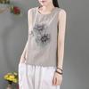 Women Floral Print Sleeveless Tank Top Round Neck Casual Loose Fit Linen Blend Blouse