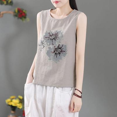 Women Floral Print Sleeveless Tank Top Round Neck Casual Loose Fit Linen Blend Blouse
