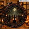 2D Flat 1pc, Decorative Plaques and Ornaments Sign, Halloween Metal Hanging Plaque with Witch Forest Moonlight Design, Round Aluminum Wall Decor for