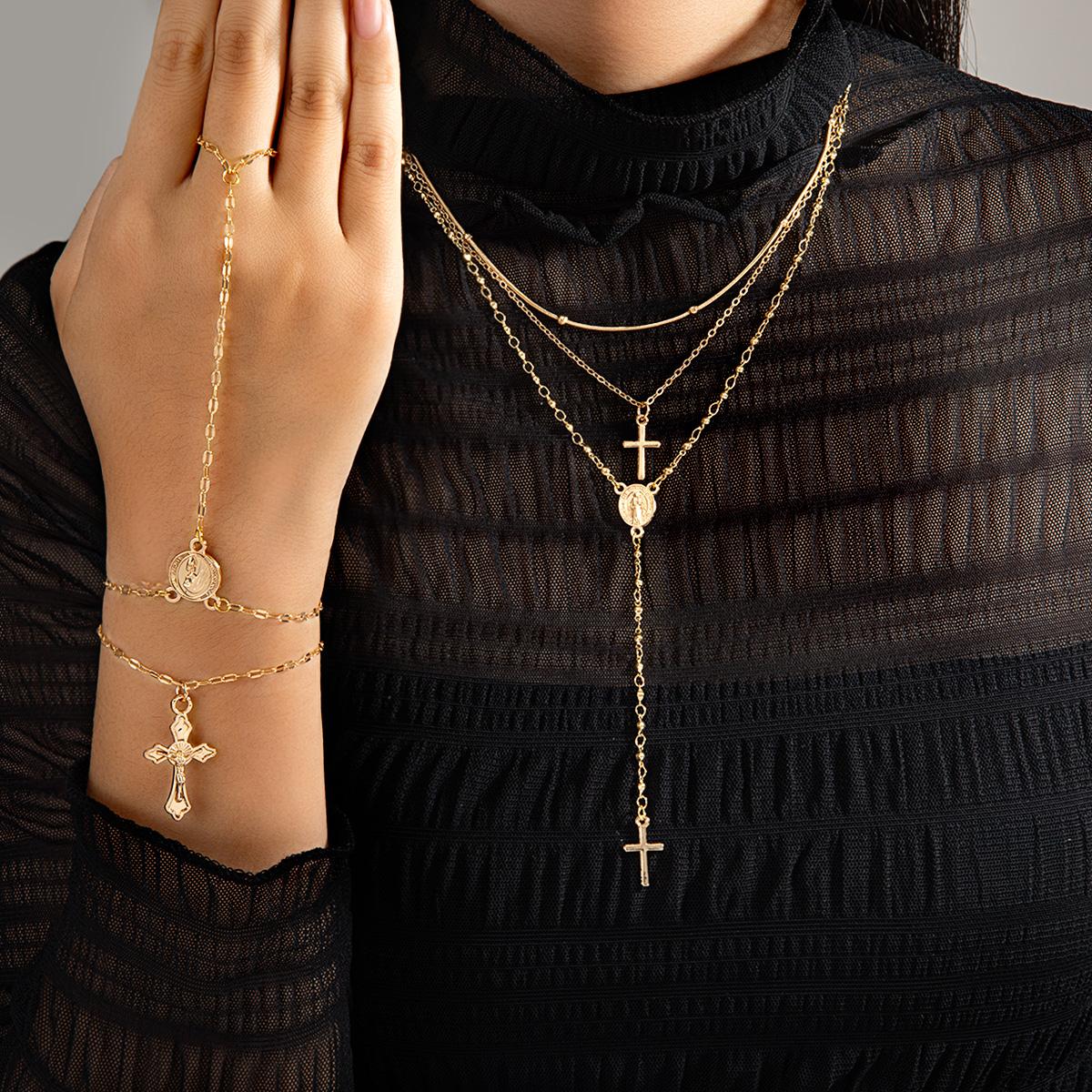 5 Bohemian style cross round pendant long necklace multi-layer bracelet women s jewelry set