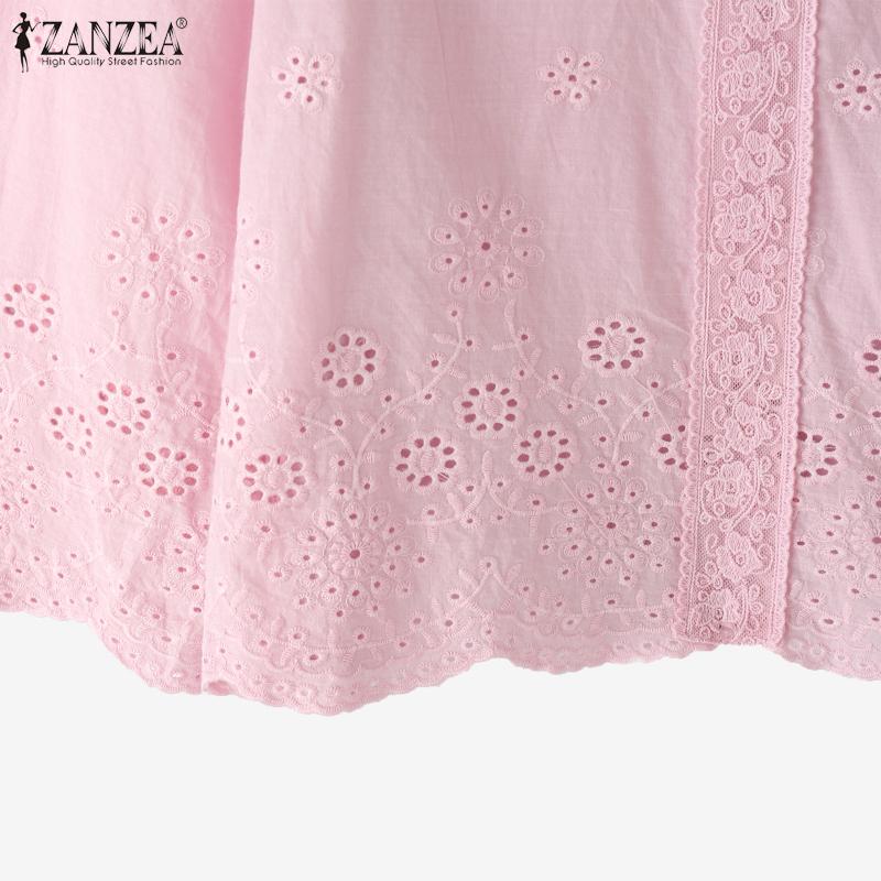 ZANZEA Women Casual Turn Down Collar 3/4 Sleeve Loose Crochet Blouse