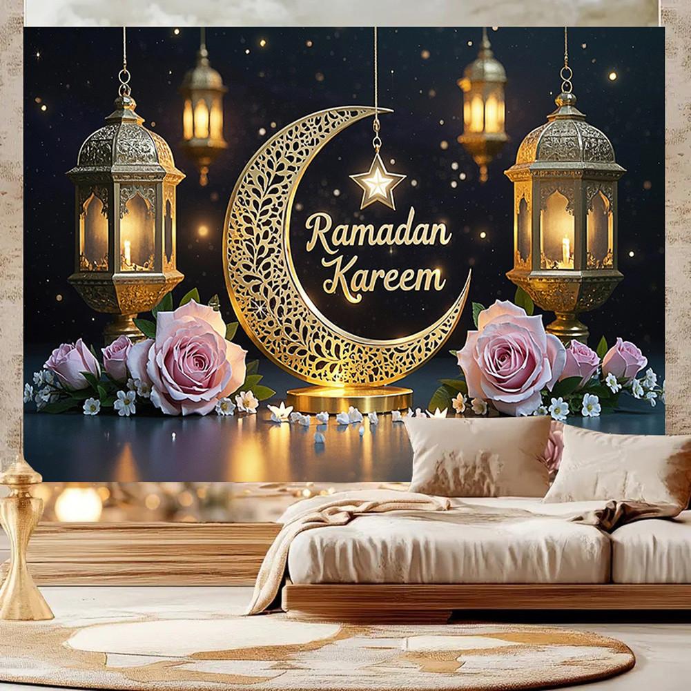 Eid Mubarak Kulisse für Fotografie, Ramadan Kareem Mond Stern Laterne Blumiger Hintergrund, Islamisches Muslimisches Festival Party Dekoration Fotostudio Requisite