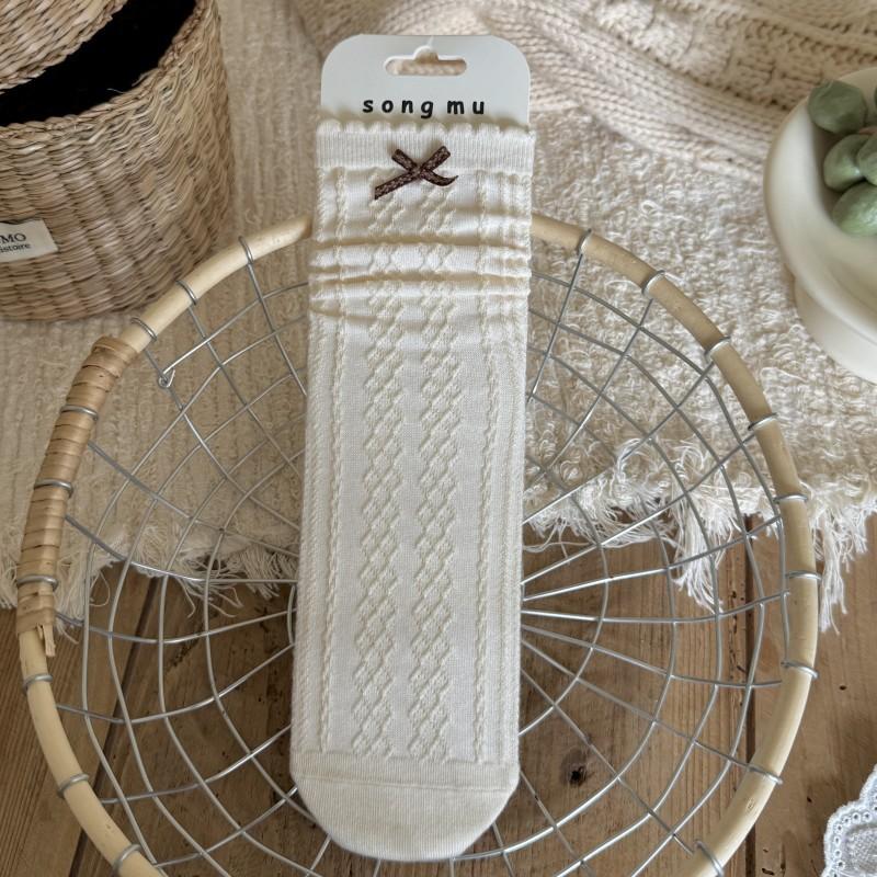 

Женские осенне-зимние носки цвета овсянки, короткие, в стиле ретро, с цветочным принтом и бантом, до середины икры, со сборками 1 pair