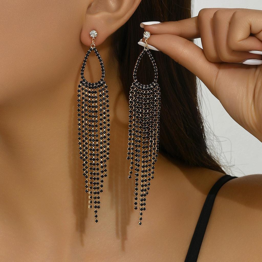 European and American Diamond-encrusted Metal Long Fringed Earrings Women's High-end Studs, Niche Temperament Earrings