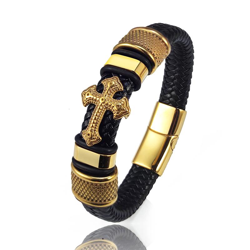 

MingAo 2025 Fashion Vacuum Plating Gold Single Layer Cross Leather Bracelet Charm Bracelet Men s Hand Jewelry for Women 18.5cm