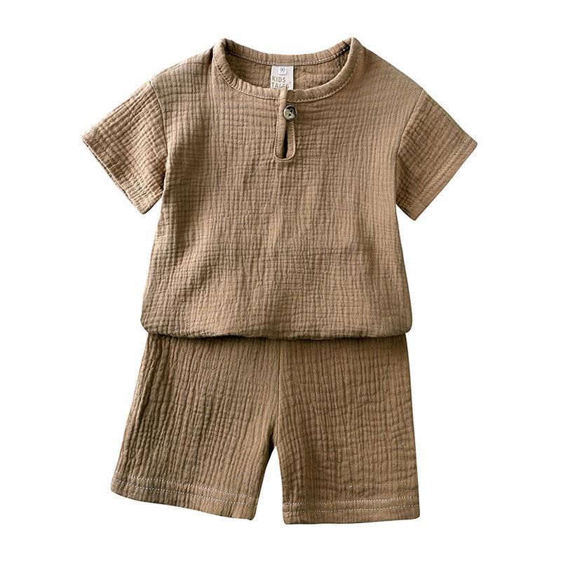Baby Boy Baby Girl Solid Color Clothing Set Button Short Sleeve T-shirt + Thin Shorts Two-Piece Set