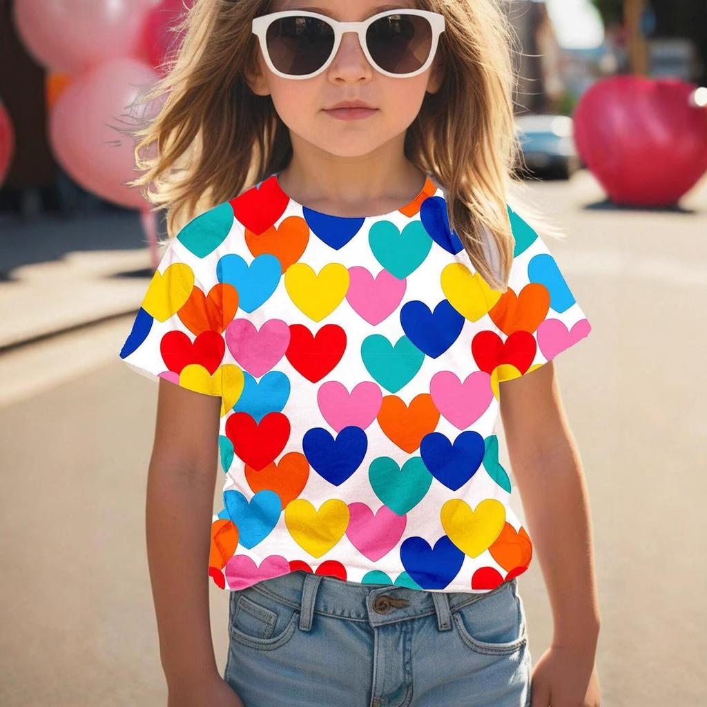 Kids T-shirt 3d Print Summer Round Neck Short Sleeved T-shirt for Girls, Love Christmas Printed Top T-shirt
