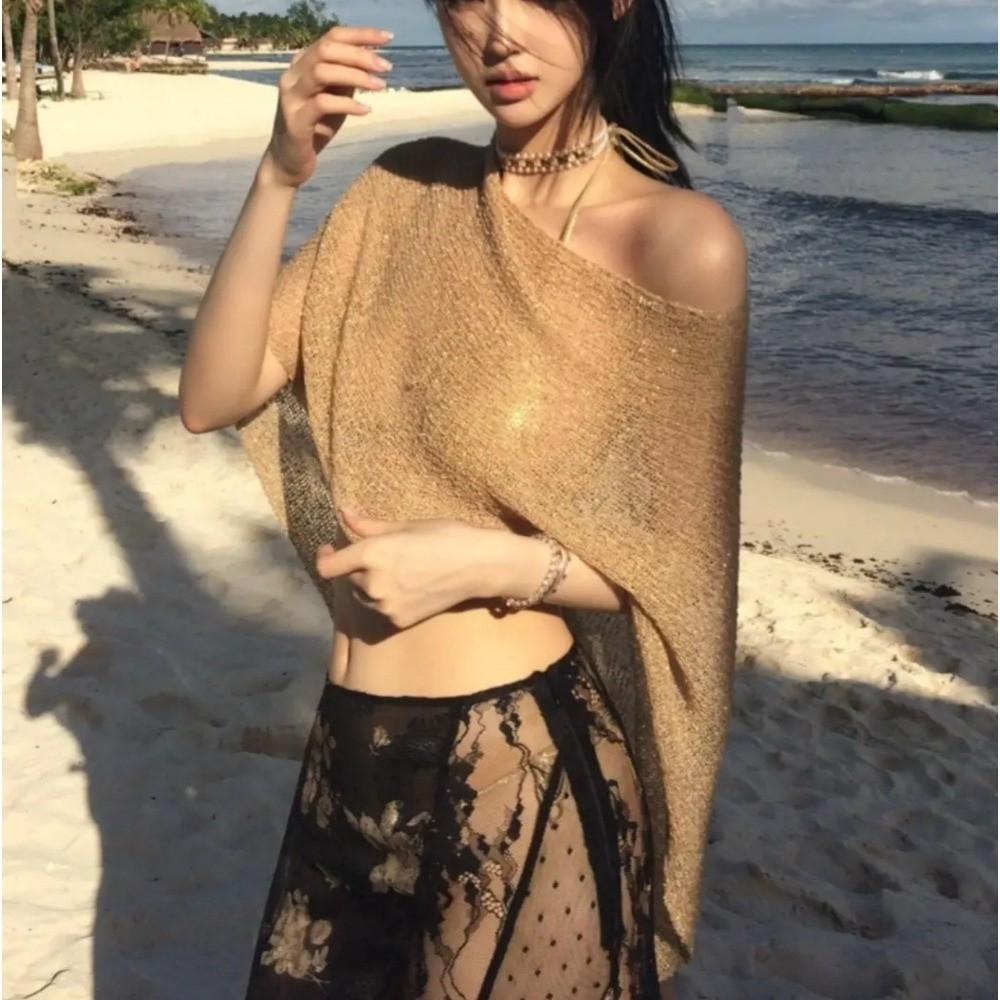 Summer Drop Shoulder Crochet Poncho Sweater Irregular Multi-wear Beach Cover Up Sheer Knitted Cover-ups Vacation Outfits
