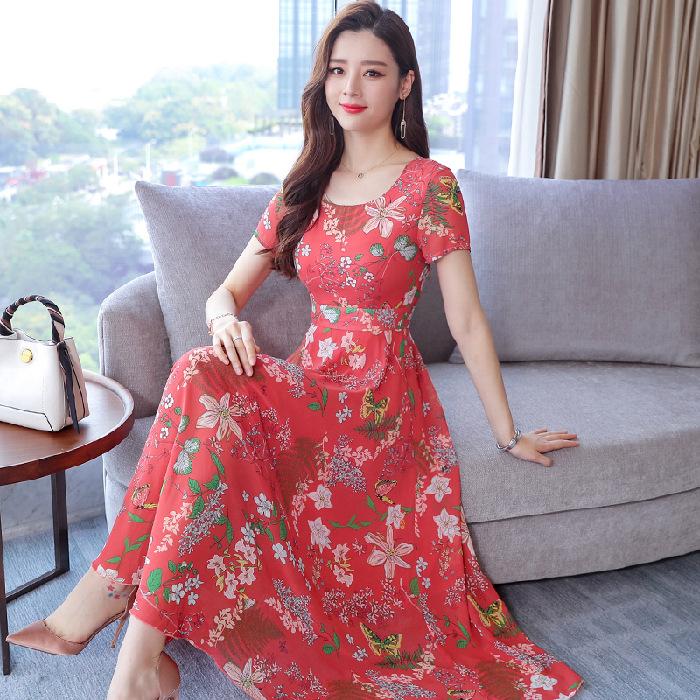 Summer Printed Short-sleeved Dress Foreign Style New Early Autumn Women's Clothing Temperament Popular Mother Slim Skirt