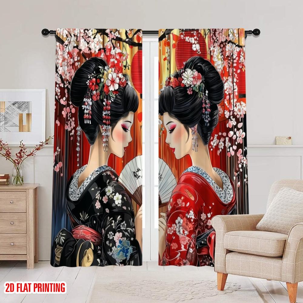 2pcs,2D Plane Printing Curtains Geisha Elegance Versatile Durable Polyester (without Rod) All Seasons Perfect for Bedroom,
