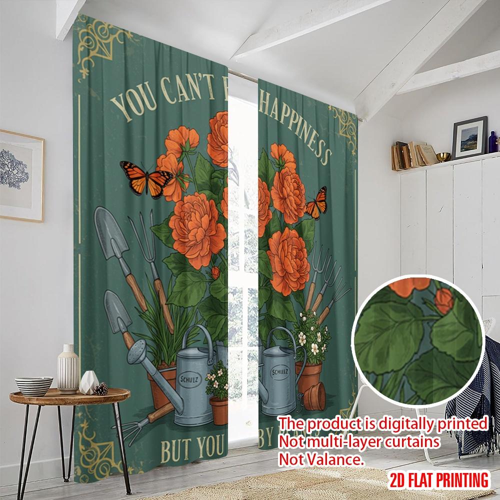 2pcs 2D flat printing Curtains Gardening Happiness Plants Butterflies 100% Polyester Fabric Without Electricity All Season Party