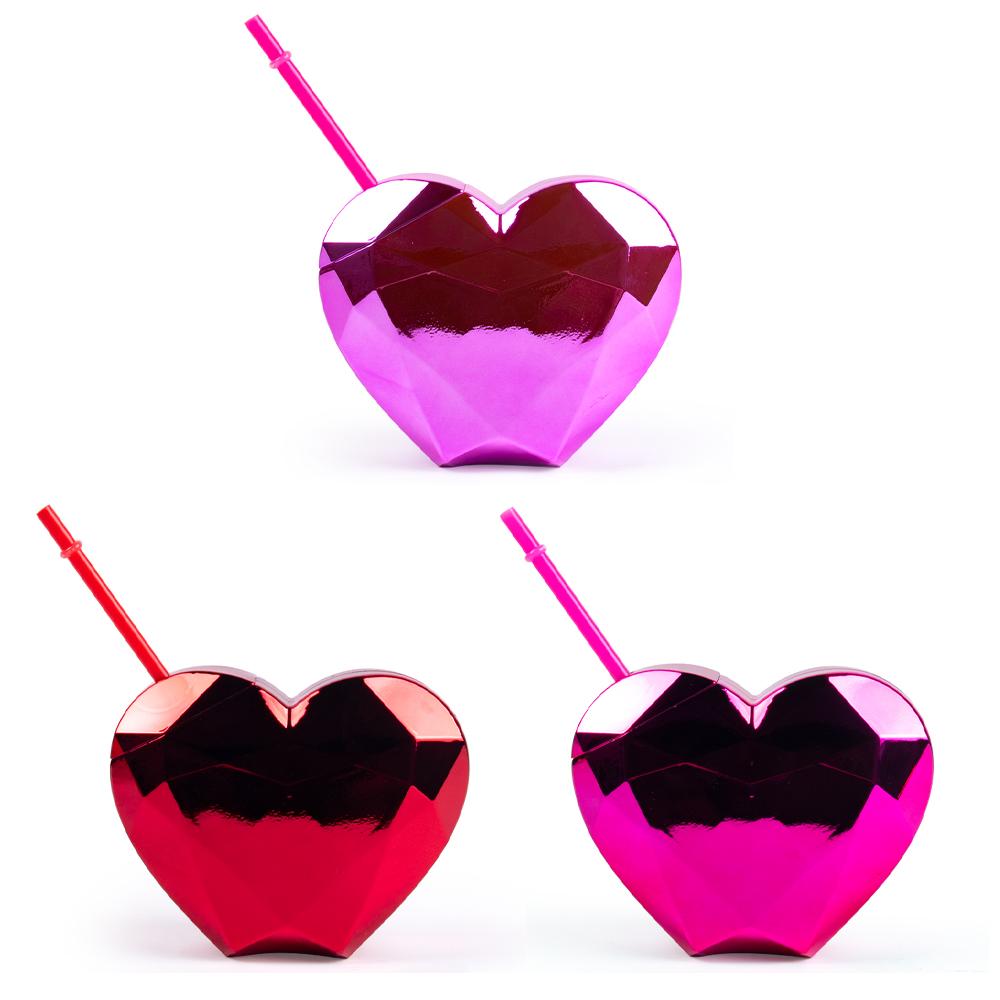 1pcs Red Pink Heart Shaped Plastic Straw Cup Water Bottle Valentine's day gift Disco Cup Wedding Bachelorette party supplies