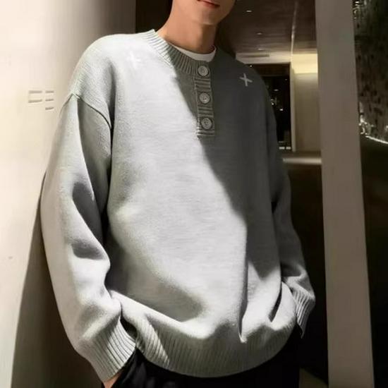 Men's Black Embroidered Henley Sweater - Cozy, High-End Knitwear for Autumn/Winter, Perfect Solo or as a Layer