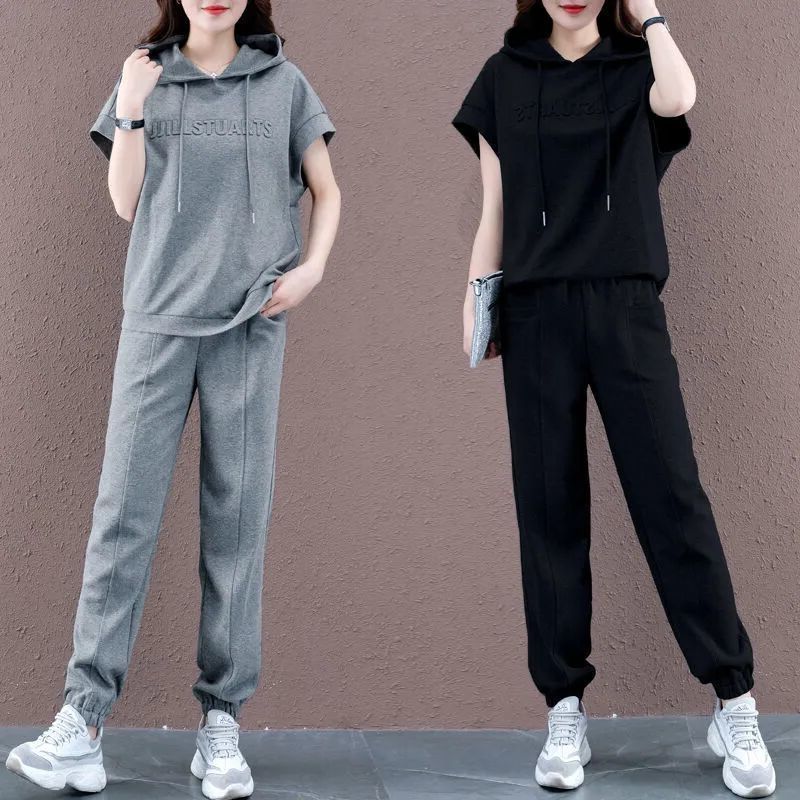 Women's Casual Sports Suit Summer New Solid Color Loose Hooded Short Sleeved Sweater Pants Two Piece Set Plus Size Outfits