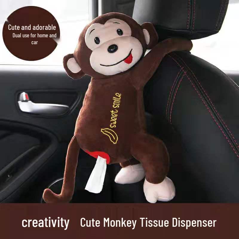 Cartoon Plush Monkey Tissue Box - Cute Car Hanging Pull-Out Cover