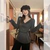 Gray lazy wind pleated off-the-shoulder one-word collar loose solid color long-sleeved T-shirt new Korean version autumn women's top