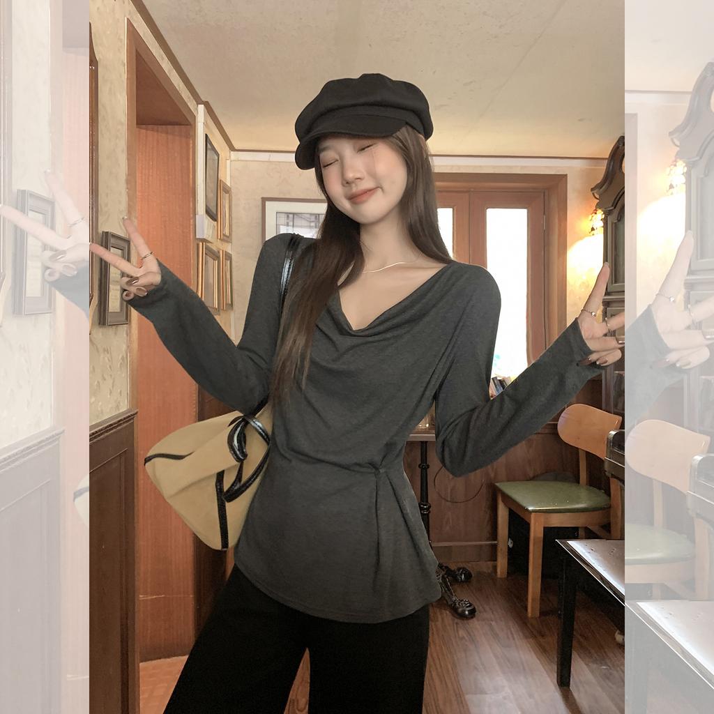 Gray lazy wind pleated off-the-shoulder one-word collar loose solid color long-sleeved T-shirt new Korean version autumn women's top
