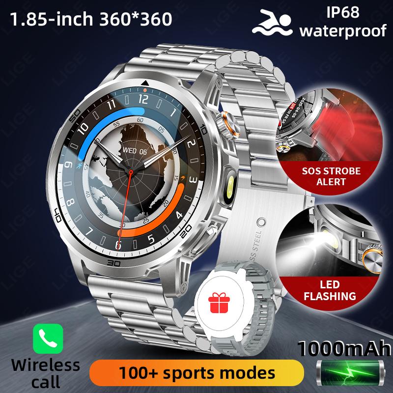 1000mAh Super Capacity Battery Adult Men Smart Watch Flashlight SOS Distress Light 1.85" HD Bluetooth Call Sport Smartwatch