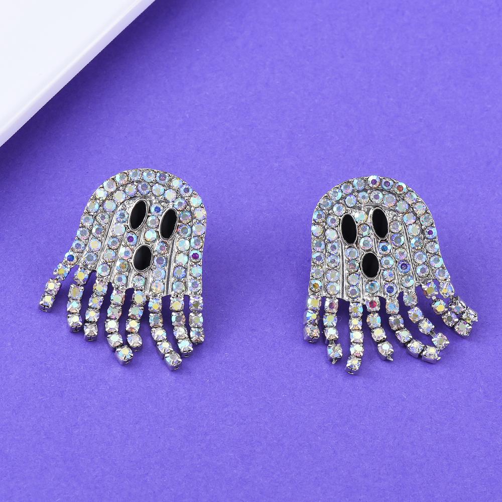 Ghost Inlaid Zircon Crystal Stud Earrings Shiny Women Tassel Dangle Halloween Jewelry Gifts for Her