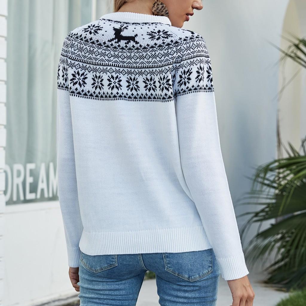Módní dámský ležérní svetr s dlouhým rukávem s vánočním potiskem sněhové vločky a srnky