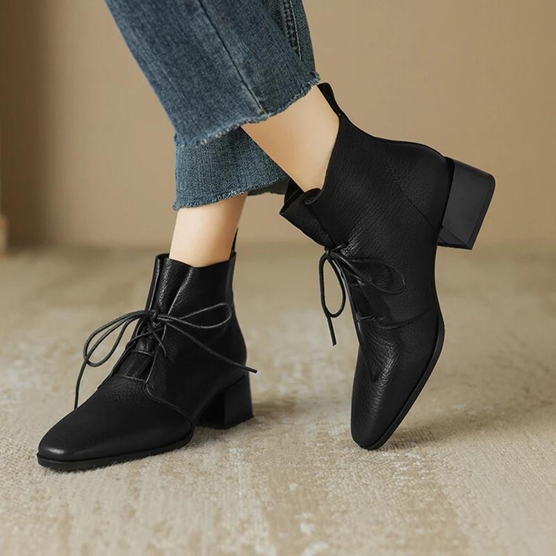 Fashion NEW Autumn Women Boots Square Toe Chunky Heel Boots Genuine Leather Shoes for Women Lace-up Ankle Boots Elegent Winter Boots