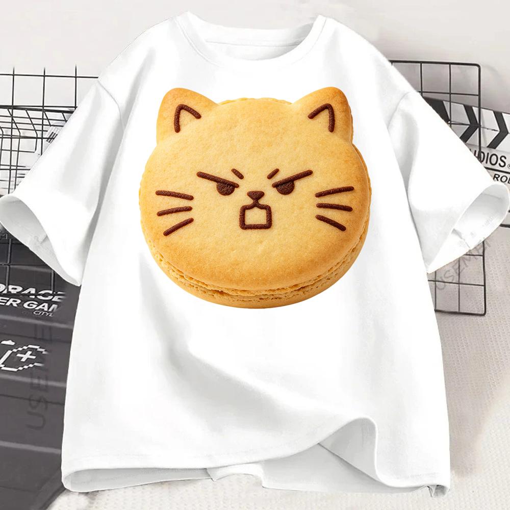 Cute Angry Cat Macaron Graphic TShirt Kawaii Kitty Dessert Print Tee Funny Cartoon Cookie Shirt Sweet Bakery Aesthetic Tshirt