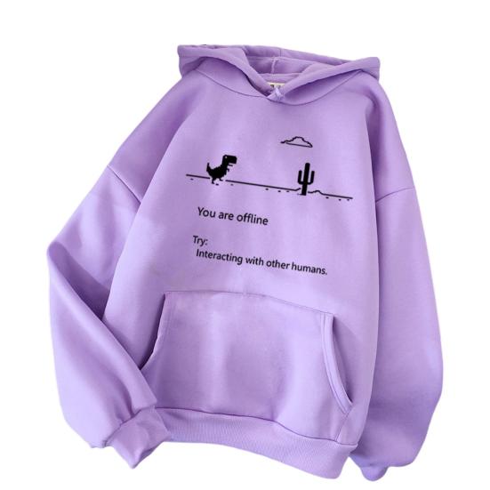 Lange Ärmel, Tasche, Kordelzug, verdicktes Plüschfutter, Winter-Hoodie für Damen, kleiner Dinosaurier-Druck, lockeres Kapuzen-Sweatshirt, Streetwear