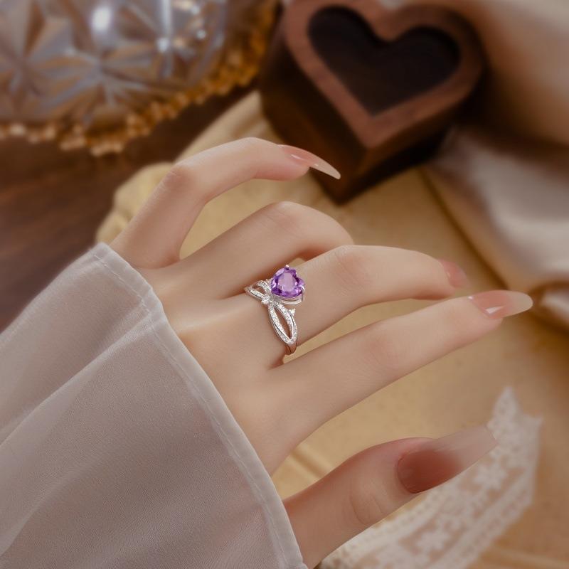 S925 sterling silver heart-shaped amethyst bow ring adjustable light luxury niche girl style natural stone index finger ring