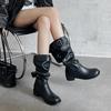 Blue cabinet, but knee boots women's 2025 new thick heel round head thin tall knight boots pleated pile boots
