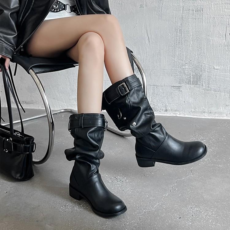 Blue cabinet, but knee boots women's 2025 new thick heel round head thin tall knight boots pleated pile boots