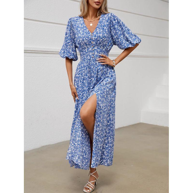 

Fashion Back Elastic Floral Rayon Split Dress Royal Blue XL