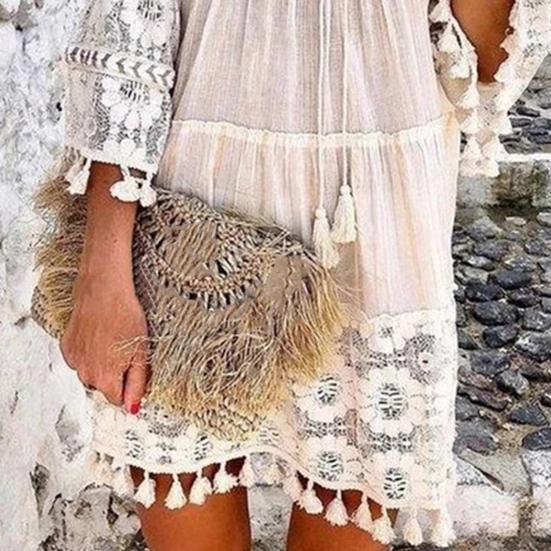 Deep V Neck Mini Dress Solid Color Women Tassel 45720 Sleeve Shift