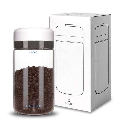 SHELBRU Glass Vacuum Sealed Storage Canister, One-Push Operation (15 Seconds), Perfect for Coffee Beans, Gift (White, Single Item, Color Box)