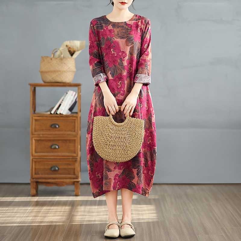 Round Neck Long Sleeve Loose Plus Size Long Dresses