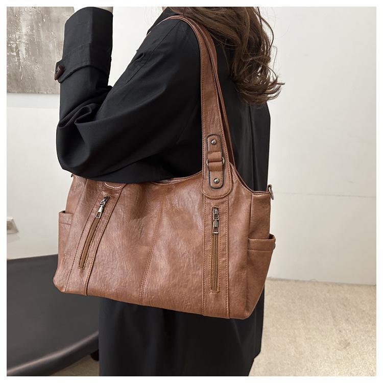 Retro Style Faux Leather Tote Bag for Women Large Capacity Shoulder Handbag