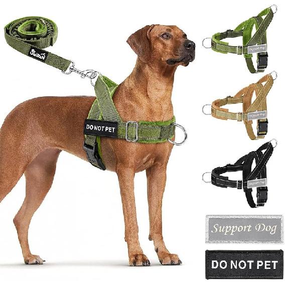 SlowTon No Pull Dog Harness - Heavy Duty Dog Harness and Leash Set for Medium Large Dogs, Reflective Tactical Harness with Soft Padded and Front Clip Large зелёный