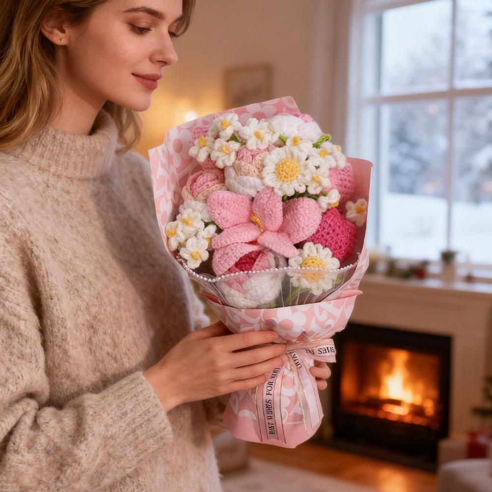 Handmade Crochet Flower Bouquet Knitted Rose Artificial Flowers For Home Decor Valentine's Day Mother's Day Anniversary Gift