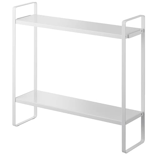 Yamazaki Tower, a two-tier stovetop storage rack with a wipe-down surface, white, approximately 50cm W x 14cm D x 48.5cm H, perfect for narrow spaces,